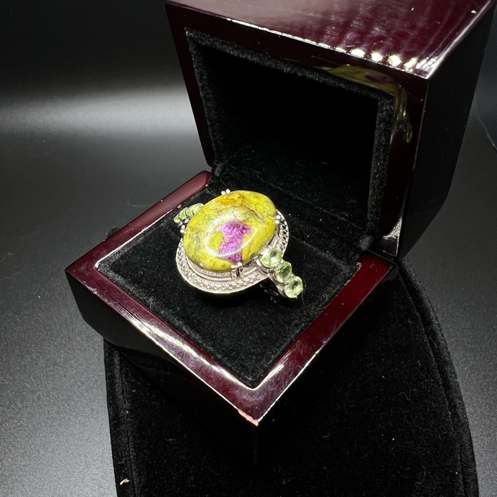 RARE Tasmanian Stitchite, Peridot Diamond Ring in Plat Overlay SS, Sz 8